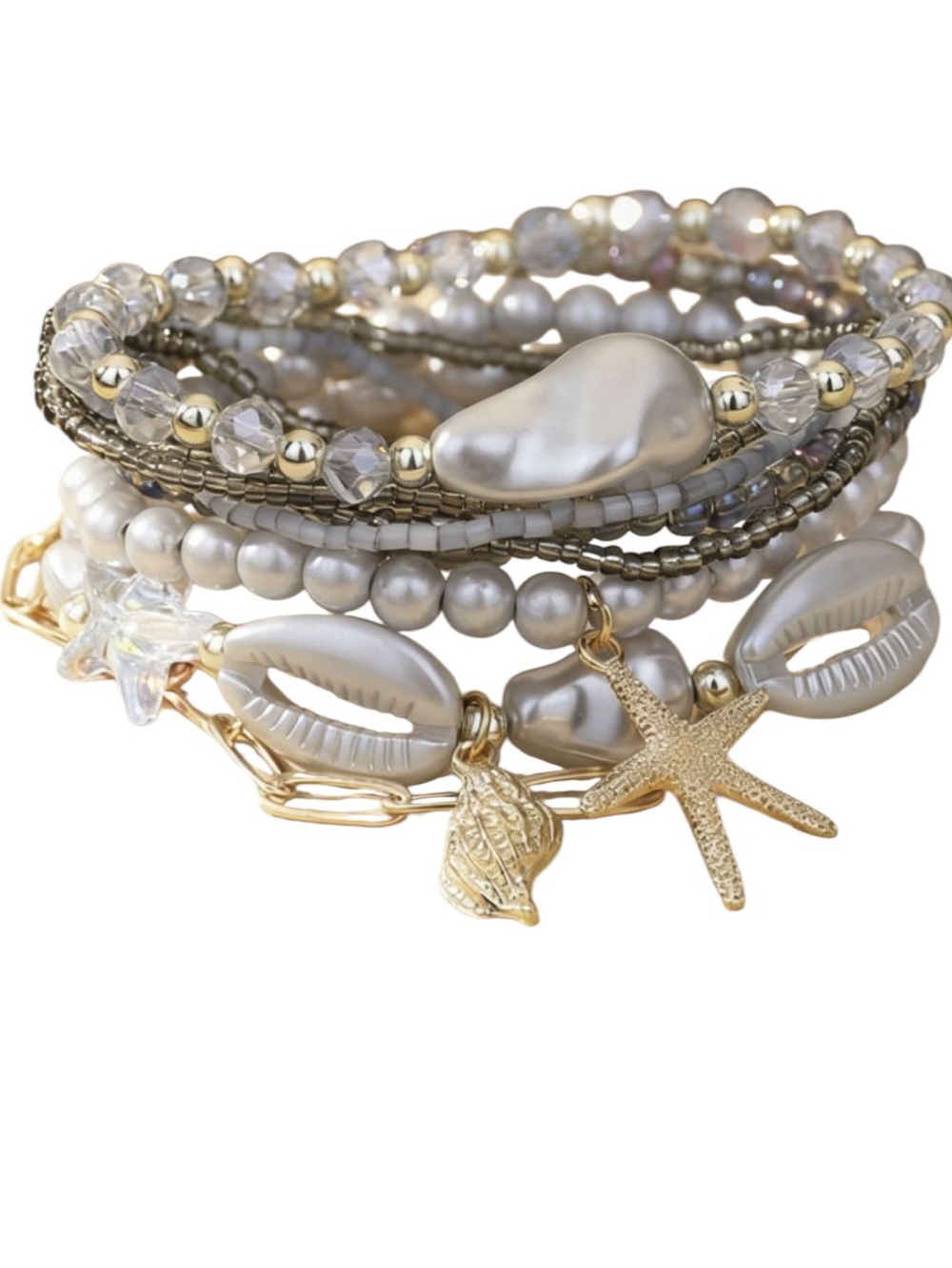 BOHEMIAN GRAY GOLD MULTI SHELL STARFISH BEAD 7 Strand Stackable BRACELET
